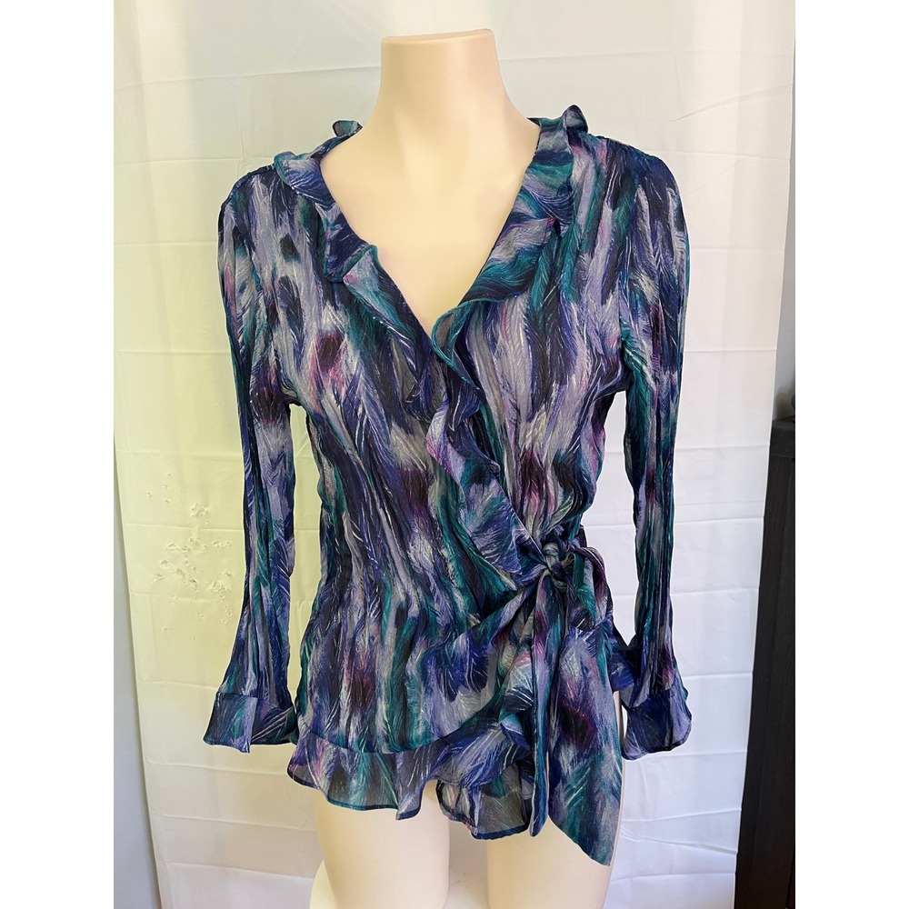 Ruffle Wrap Blouse Purple Teal Sheer Long Sleeve Tie Waist Top